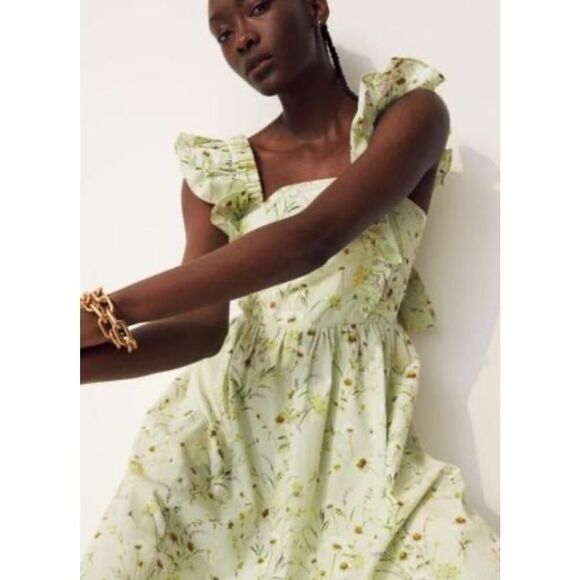 H&M Wildflower Meadow open back Poplin Light Green Floral midi Dress sz XS - Picture 2 of 16